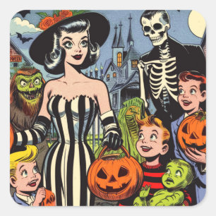 Adesivo Quadrado Vintage Halloween História em quadrinhos