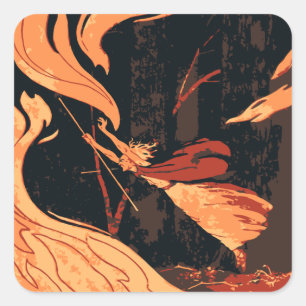 Adesivo Quadrado Vintage Halloween, Mau bruxa com fogo na floresta