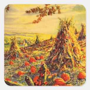 Adesivo Quadrado Vintage Halloween Pumpkin Patch com Haystacks