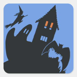 Adesivo Quadrado Vintage Halloween, Scary Haunted House and Witness