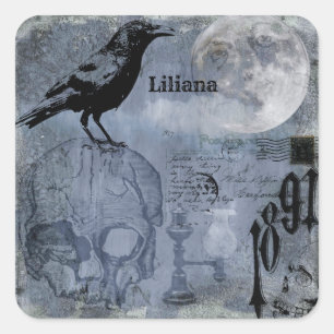 Adesivo Quadrado Vintage Halloween Skull e Crow Customize