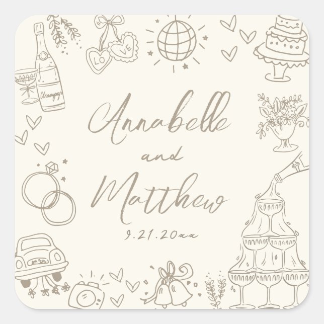 Adesivo Quadrado Vintage Hand Drawn Whimsical Wedding (Frente)