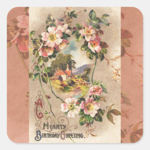 Adesivo Quadrado Vintage Happy Birthday Card Trabalho de arte