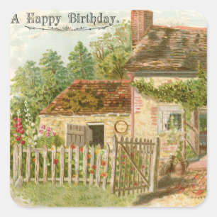 Adesivo Quadrado Vintage Happy Birthday Cottage Sticker