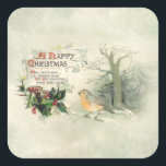 Adesivo Quadrado Vintage Happy Christmas Scroll, Holly & Cardinal<br><div class="desc">Elegante vintage cena de inverno com cardeal em um galho holly coberto de neve com rolagem antiga e texto de natal com cenas rústicas em sutil plano verde-sábio sutil.</div>