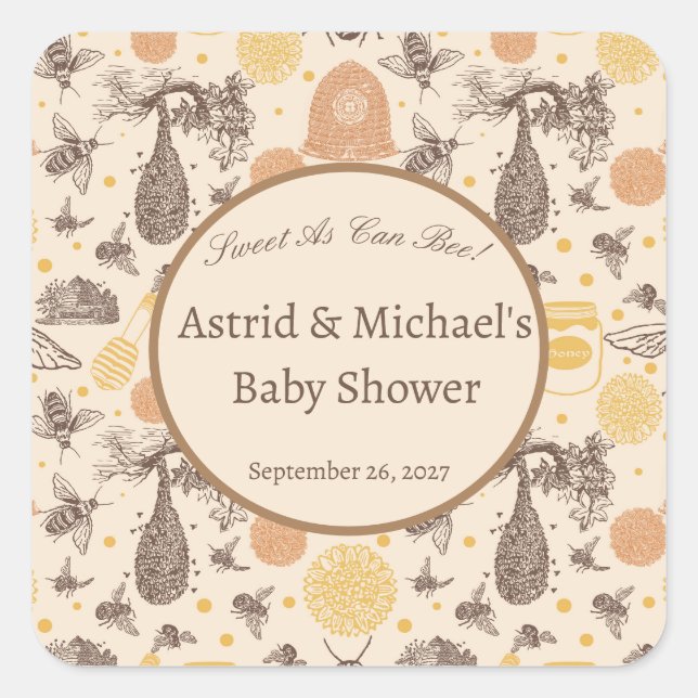 Adesivo Quadrado Vintage Honey Bumblebee Chá de fraldas (Frente)