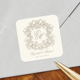 Adesivo Quadrado Vintage Ivory Elegant Wedding Monogram Crest