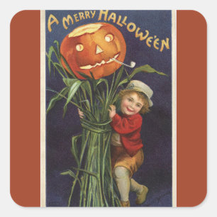Adesivo Quadrado Vintage Jack-o-Lanterna Cornstalk e Boy Halloween