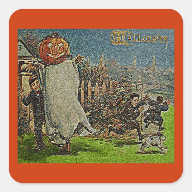 Adesivo Quadrado Vintage Jack o'Lantern Scarecrow e Boys (Frente)