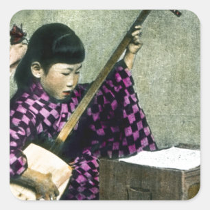 Adesivo Quadrado Vintage japonês de Shamisen do músico da menina