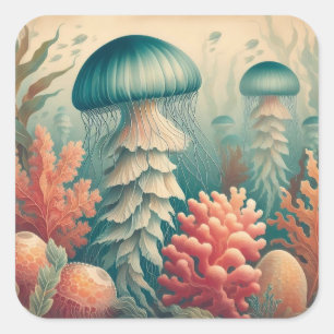 Adesivo Quadrado Vintage Jellyfish Ilustração Arte Antica