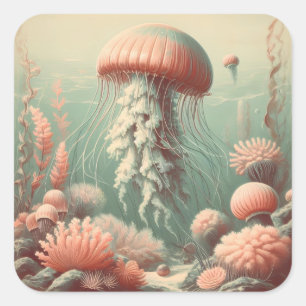 Adesivo Quadrado Vintage Jellyfish Ilustração Arte Antica