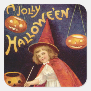 Adesivo Quadrado Vintage Jolly Halloween Bruxa por Ellen Clapsaddle