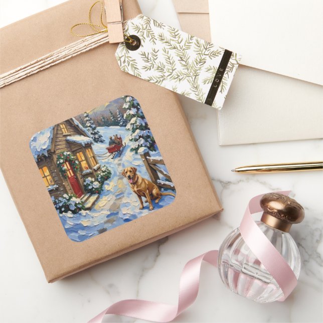 Adesivo Quadrado Vintage Labrador Retriever Christmas Cottage (Presentear)