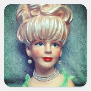 Adesivo Quadrado Vintage Lady Head Vase Big Bouffant Hair Pearls