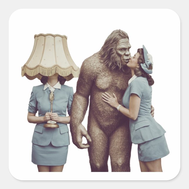 Adesivo Quadrado Vintage Lady Kissing Sasquatch (Frente)