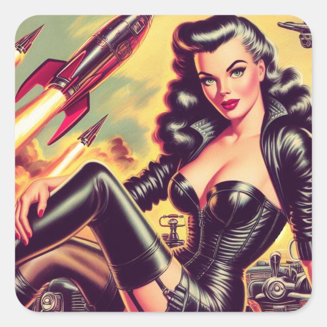 Adesivo Quadrado Vintage Leather Girl Sci-Fi (Frente)