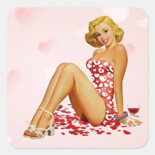 Adesivo Quadrado Vintage Loira em Vestido Vermelho com Corações Squ