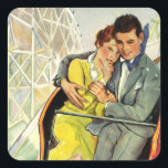 Adesivo Quadrado Vintage Love and Romance, Roller Porta copos Ride<br><div class="desc">Imagem de romance e amor com ilustração de safra apresentando um casal jovem montando uma porta copos de rolo em um parque de diversões local. O homem tem o braço enrolado pela mulher para mantê-la segura.</div>