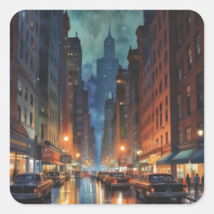 Adesivo Quadrado Vintage Manhattan Nova Iorque Night Painting