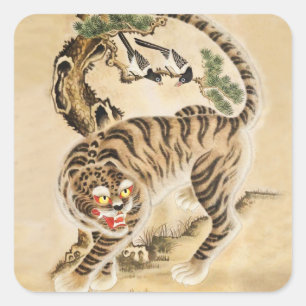 Adesivo Quadrado Vintage Minhwa Tiger Sob Pine Tree