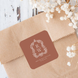 Adesivo Quadrado Vintage Monograma Crest Nomes Terracotta Casamento