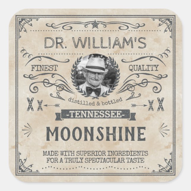 Adesivo Quadrado Vintage Moonshine Hillbilly Medicine (Frente)