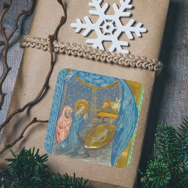 Adesivo Quadrado Vintage, Natal Religioso Medieval (Vintage Medieval Manuscript Religious Catholic Christian Christmas Nativity Scene Gift Sticker)