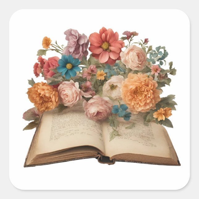 Adesivo Quadrado Vintage Old Book e Garden Flowers (Frente)