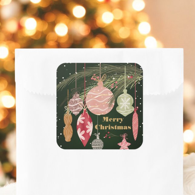 Adesivo Quadrado Vintage Ornaments Merry Christmas Illustrations (Vintage Ornaments Merry Christmas Illustrations Square Sticker)