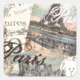 Adesivo Quadrado Vintage Paris desoupage Landmarks typografia