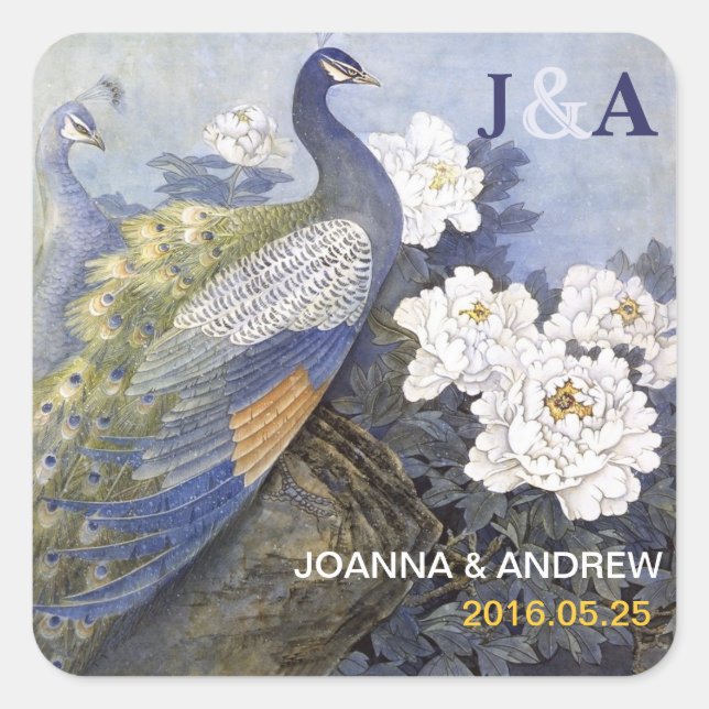 Adesivo Quadrado Vintage Peacock Pair Peony Blossoms (Frente)