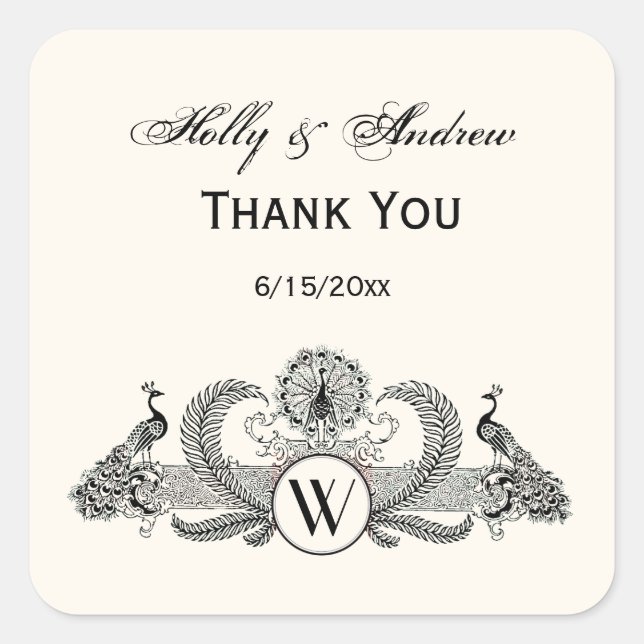 Adesivo Quadrado Vintage Peacocks Monograma Ivory BG (Frente)
