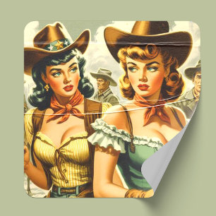 Adesivo Quadrado Vintage Pin-up Cowboys