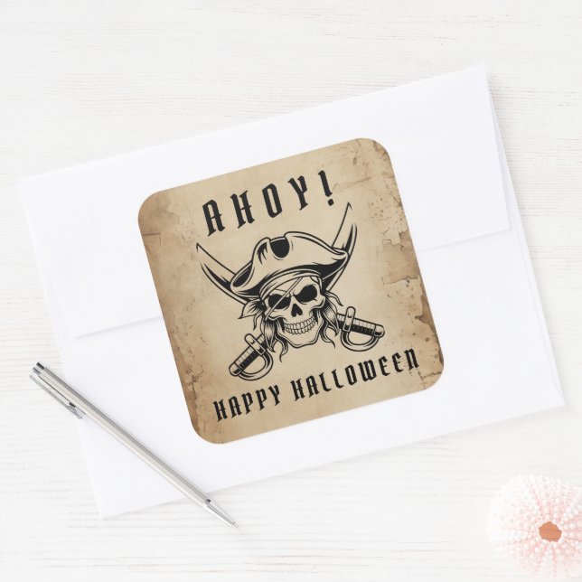 Adesivo Quadrado Vintage Pirate Skull Halloween   (Envelope)