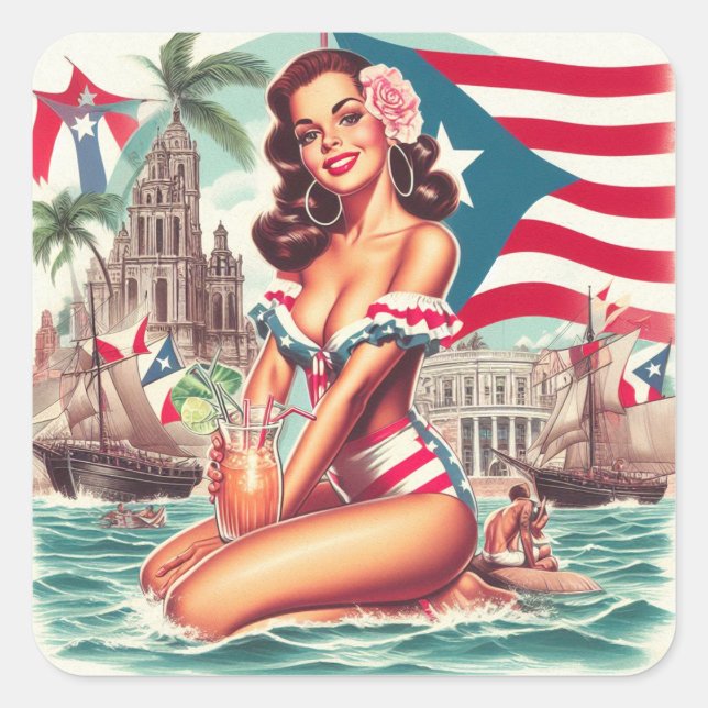 Adesivo Quadrado Vintage Porto Rico Pin-Up (Frente)
