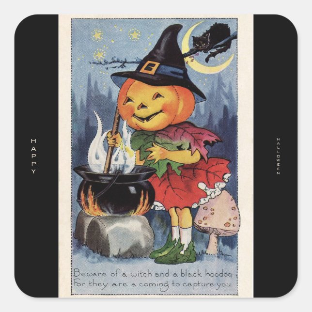 Adesivo Quadrado Vintage Pumpkin Witch Happy Halloween (Frente)