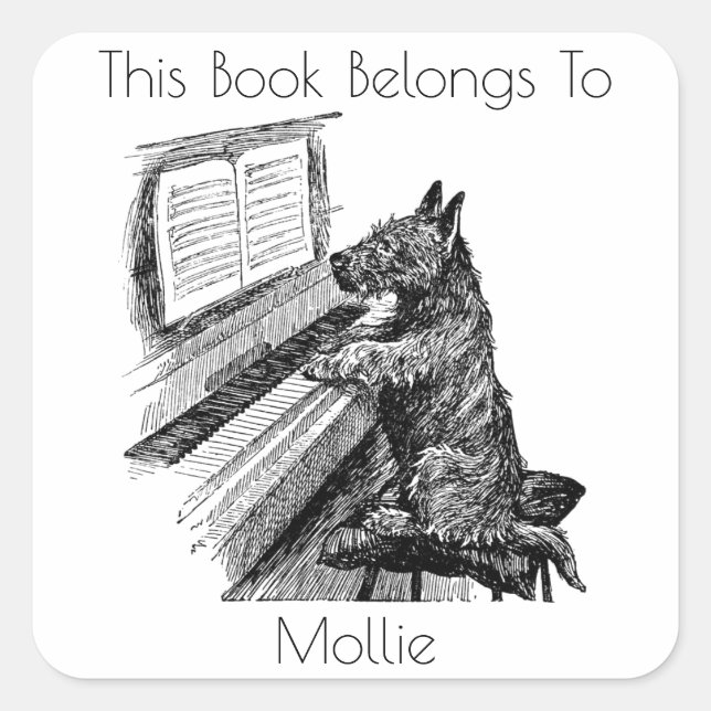 Adesivo Quadrado Vintage Pup Tocando o Piano Bookplate (Frente)