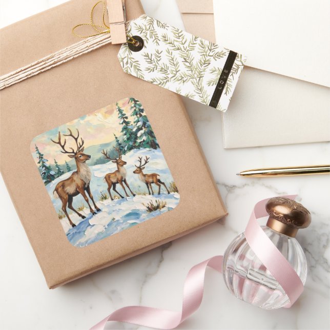 Adesivo Quadrado Vintage Reindeer Family Winter Meadow Painting (Presentear)