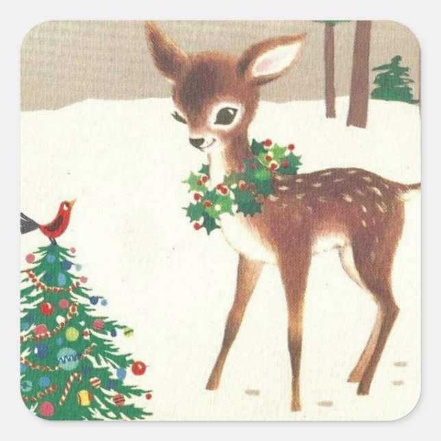 Adesivo Quadrado Vintage Retro Christmas Deer Com Pássaro (Frente)
