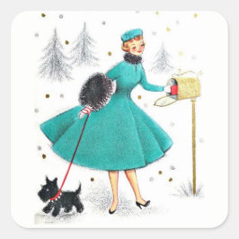 Adesivo Quadrado Vintage Retro Christmas Woman com Scotty Dog