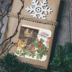 Adesivo Quadrado Vintage Retro Feliz Natal Gatos Cujos Pássaros Hol