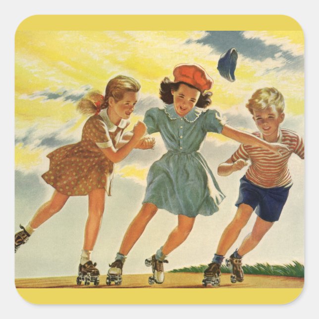 Adesivo Quadrado Vintage Roller Patinando crianças divertidas Menin (Frente)