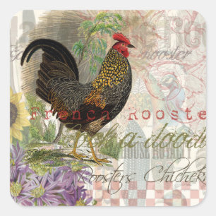 Adesivo Quadrado Vintage Rooster French Collage Pet Fazenda
