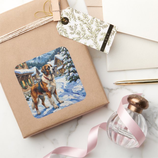 Adesivo Quadrado Vintage Saint Bernard Alpine Christmas Painting (Presentear)