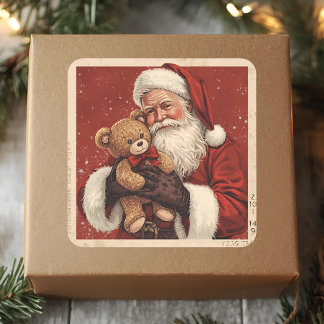 Adesivo Quadrado Vintage Santa With Teddy Bear Christmas 