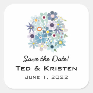 Adesivo Quadrado Vintage Save Date Victorian Blue Flower Buquê