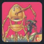 Adesivo Quadrado Vintage Science Ficting Alienígena Robô Captura Ho<br><div class="desc">Imagem de Vintage: aliens futuristas de ficção científica e robôs. Um clássico design de ficção científica retrógrada do futuro,  com um robô em forma de ovo segurando um homem em suas garras. Os caracteres pop num fundo rosa claro.</div>