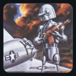 Adesivo Quadrado Vintage Science Ficting Soldados Robôs Militares<br><div class="desc">Imagem de robô militar com Ficção Científica futurista Vintage. Um soldado alienígena hostil segurando uma espingarda e em frente a uma aeronave ou avião militar com uma estrela. Ele está num planeta desolado pronto para entrar em guerra com fumaça, fogo e explosões. Hora de lutar e lutar contra os aliens...</div>