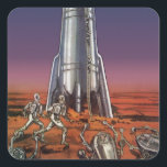 Adesivo Quadrado Vintage Science Fiction, Astronautas Beetle Aliens<br><div class="desc">Imagem de vintage: viagem de ficção científica futurista e imagem de foguete de transporte. Astronautas correndo até seu foguete escapando de aliens em forma de besouro em um planeta estrangeiro tentando voltar para a terra. Um clássico design de ficção científica de quadrinhos retrógrados do 50 do futuro.</div>